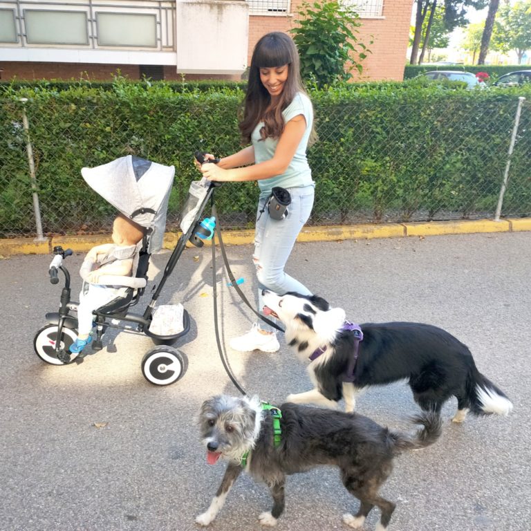 paseando con triciclo bebé y perros